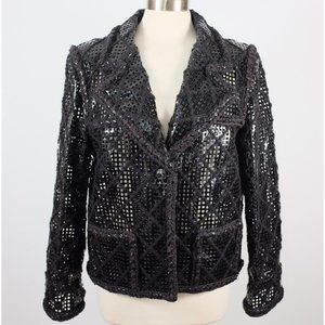 Chanel Brasserie 15K jacket coat 48 / 16 faux leather PVC perforated tweed black